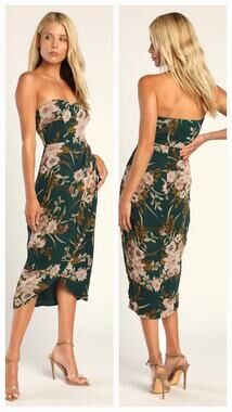 NWT Lulus Effortless Charm Hunter Green Floral Strapless Tulip Midi Dress M